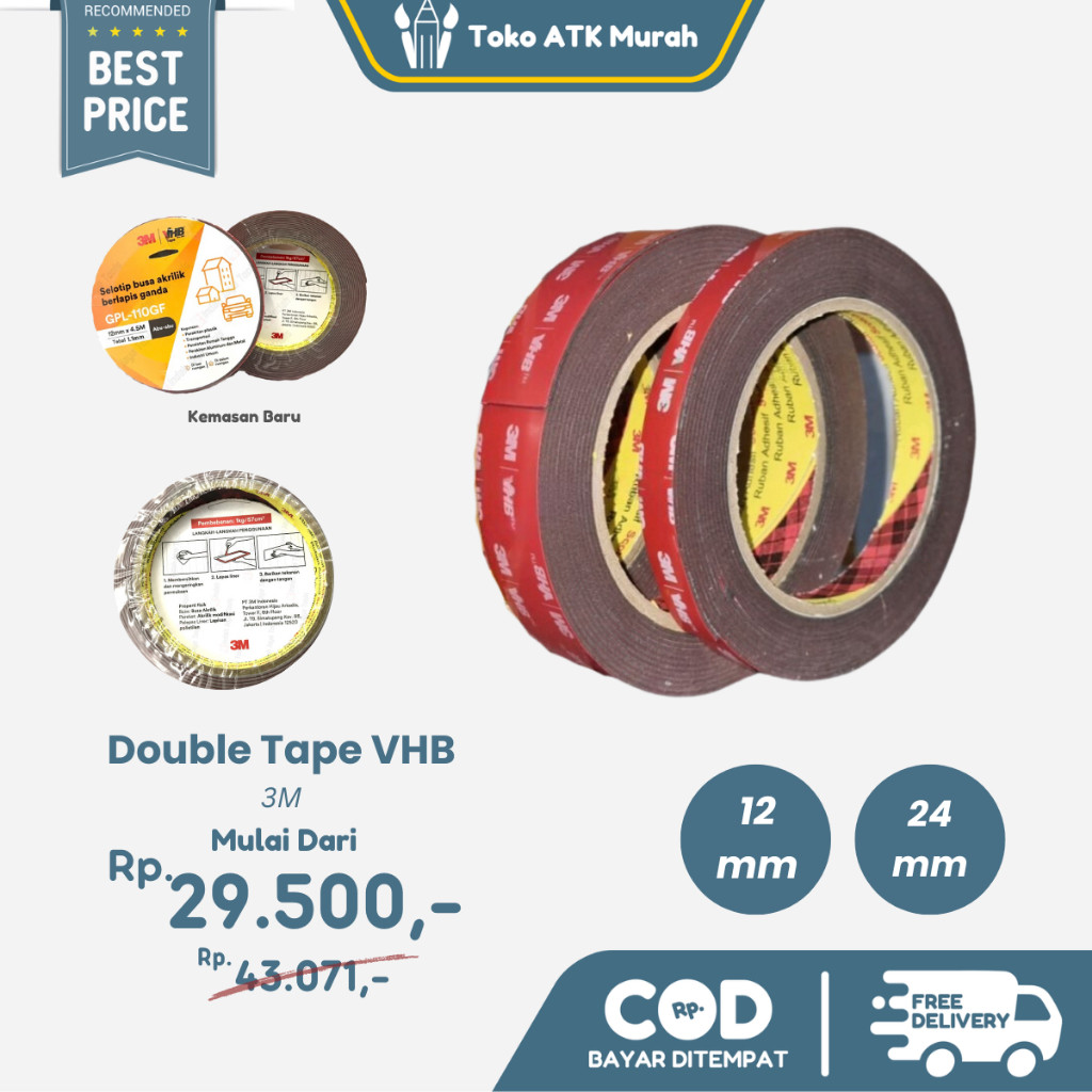 

Double Tape Perekat 3M VHB 12mm x 4.5m / 24mm x 4.5m Merah Original