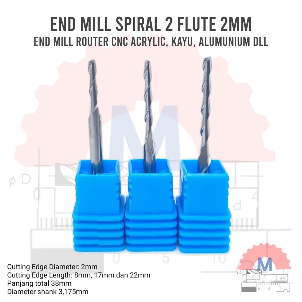 Endmill 2F spiral 2mm cnc router endmill acrylic aluminium dll