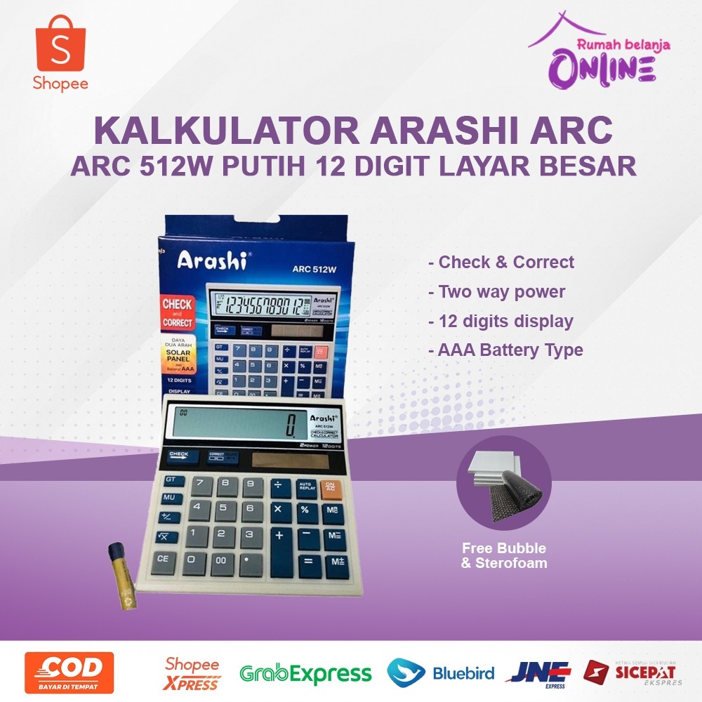 

Arashi Kalkulator Calculator ARC 512W PUTIH 12 Digit Layar Besar WE!!