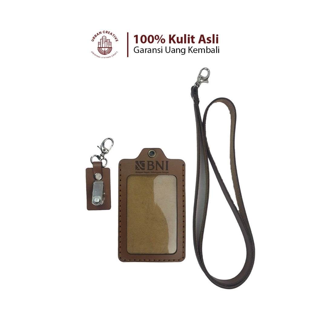 

URBAN CREATIVE Name Tag ID Card Holder Lanyard Kulit Sapi Asli Free Custom Desain & Gravir NT2M1