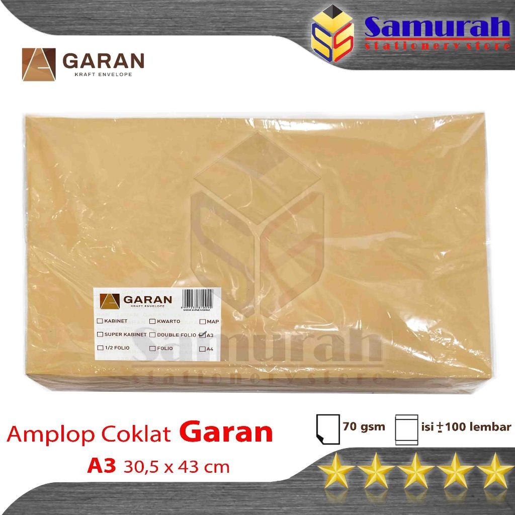 

Amplop Kertas Coklat GARAN Ukuran A3 30,5 x 43 cm / Amplop Dokumen 30.5x43 1 Pak Isi 100 Lembar