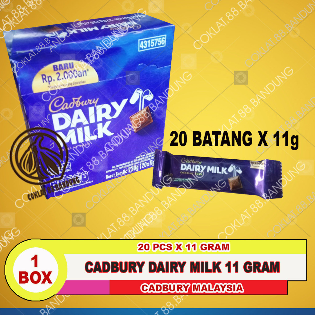 

CADBURY DAIRY MILK 11GR 1 BOX, CADBURY 11 gram ISI 20 PCS, COKLAT CADBURY MINI 11 gr X 20 WE!!