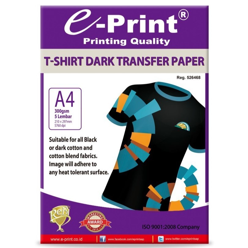 

T-Shirt Dark Transfer Paper e-Print A4 300Gsm 5 Lembar Kertas Baju TShirt Gelap / Hitam