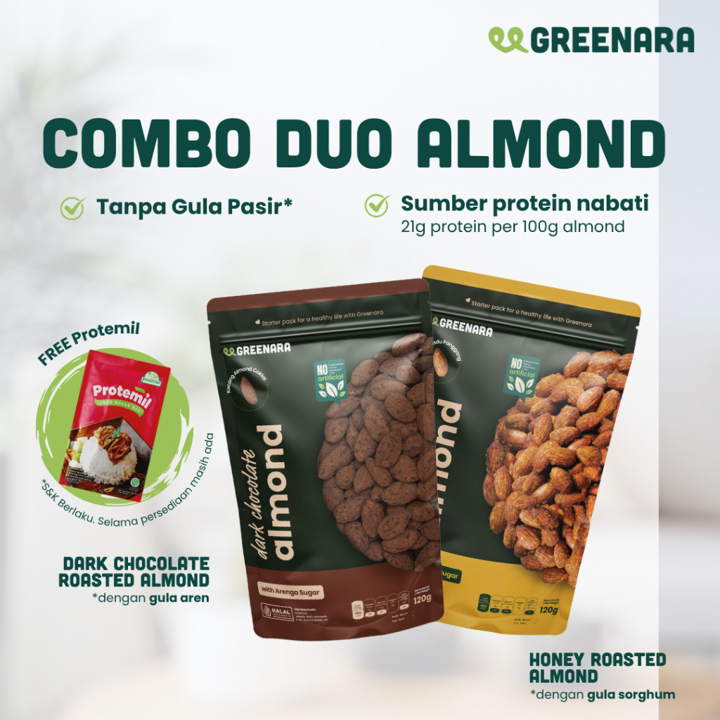 

BUNDLE COMBO ALMOND GREENARA NATURAL DARK CHOCOLATE ALMOND & HONEY ROASTED ALMOND / SNACK SEHAT