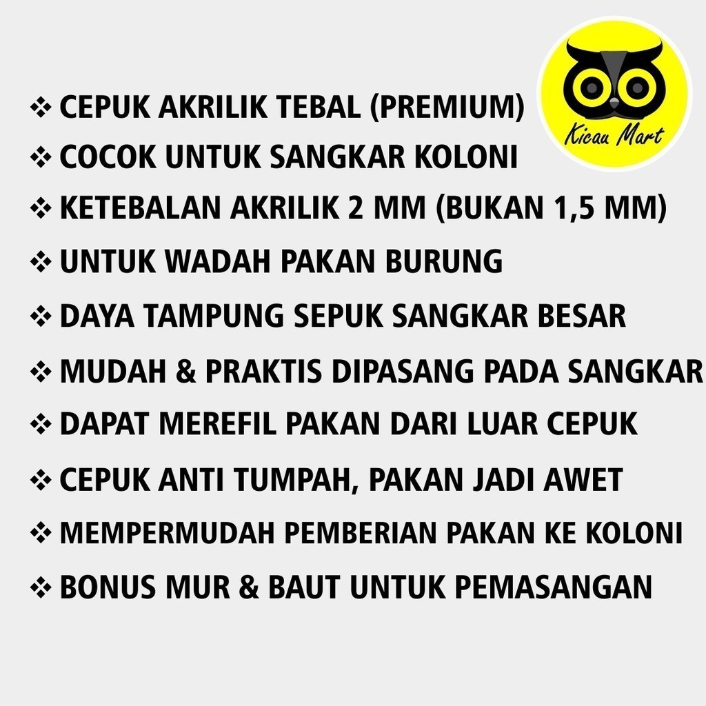 KICAU MART WADAH PAKAN BURUNG LOVEBIRD AKRILIK PREMIUM SEMPATI TEMPAT MAKAN KANDANG TERNAK LOVE BIRD