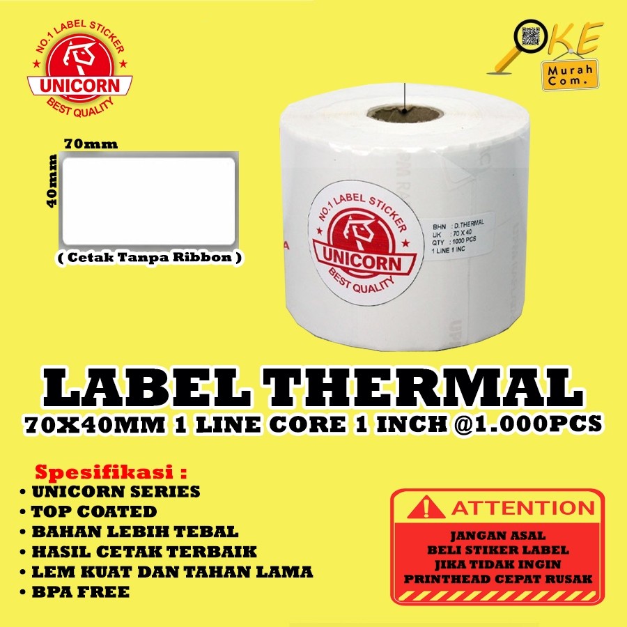 

Stiker Label Barcode Thermal 70x40mm / 70x40 mm / 70 x 40 mm 1 Core 1" 1.000pcs