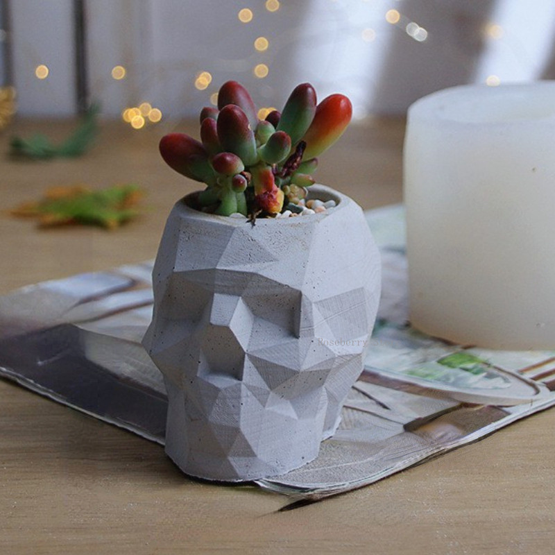 Tempat Pena Tengkorak Segi Cetakan Silikon Pot Bunga Sukulen Cetakan Resin Epoksi Kristal DIY