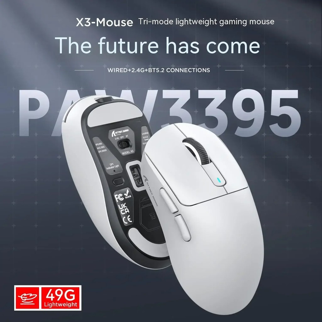 Attack Shark X3 Wireless Mouse Gamer Mouse Lightweight 3 Mode 2.4G Bluetooth Mice PAW3395 Accessorie