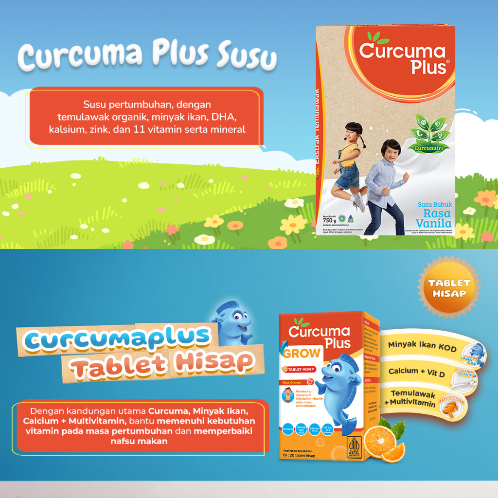 Paket Anak Sehat Susu Rendah Gula dan Tinggi Protein (Curcuma Plus Grow 1 Botol & Curcuma Plus Susu