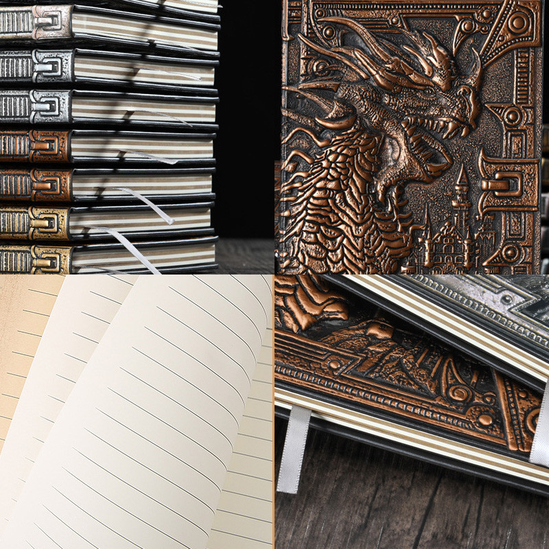 

A5 Notebook,Dragon Embossed Retro Hardcover Leather Cover,100 Sheets/Book,Horizontal Line Inside