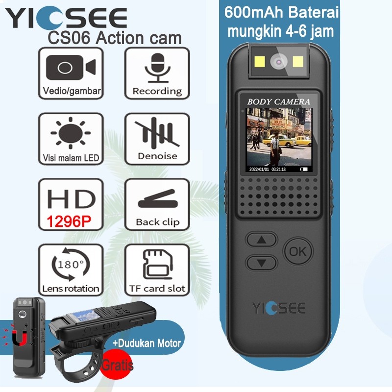 Yicsee Body Cam 1920P Kamera Vlog Motor 360 Derajat Action Cam 4K ultra hd 60fps 600mAh baterai