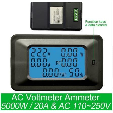 Kwh Meter Digital Ac 20A Wattmeter Voltmeter Ammeter Energi Lcd Combo