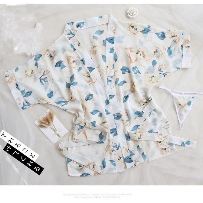 kimono Wanita Baju tidur Bahan sifon Motif bunga A187 Satin