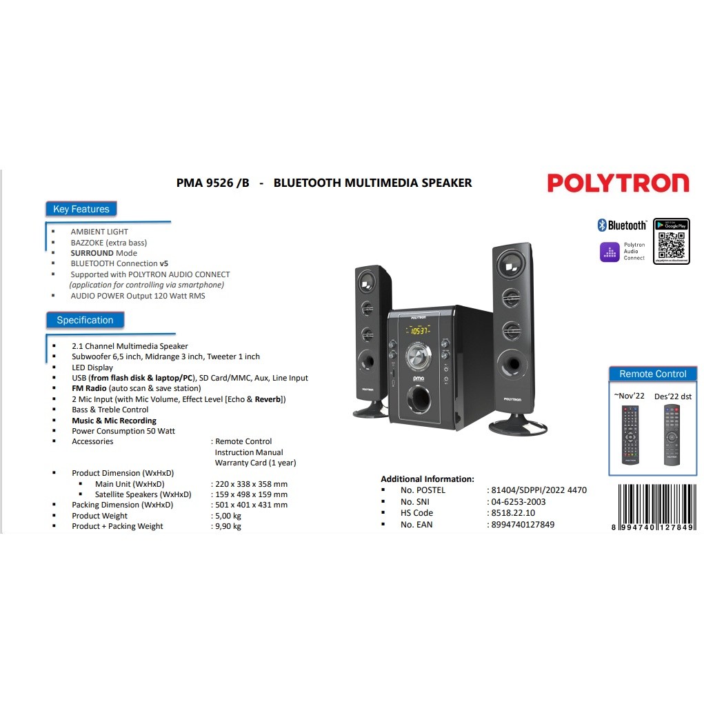 RB2233 SPEAKER POLYTRON PMA9506 PMA 9506 / PMA 9526 PMA9526 BLUETOOTH PMA9506 PMA 9506