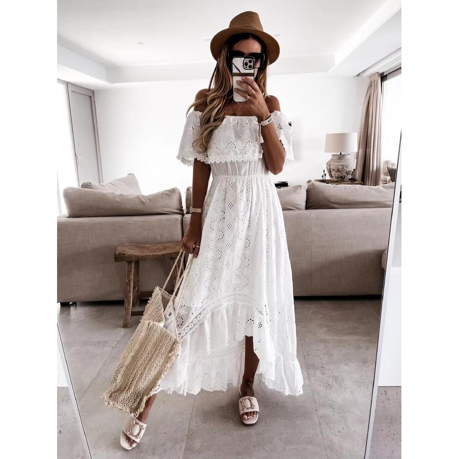 White Sabrina Long Dress Pantai Wanita Casual Summer Dress Beachwear