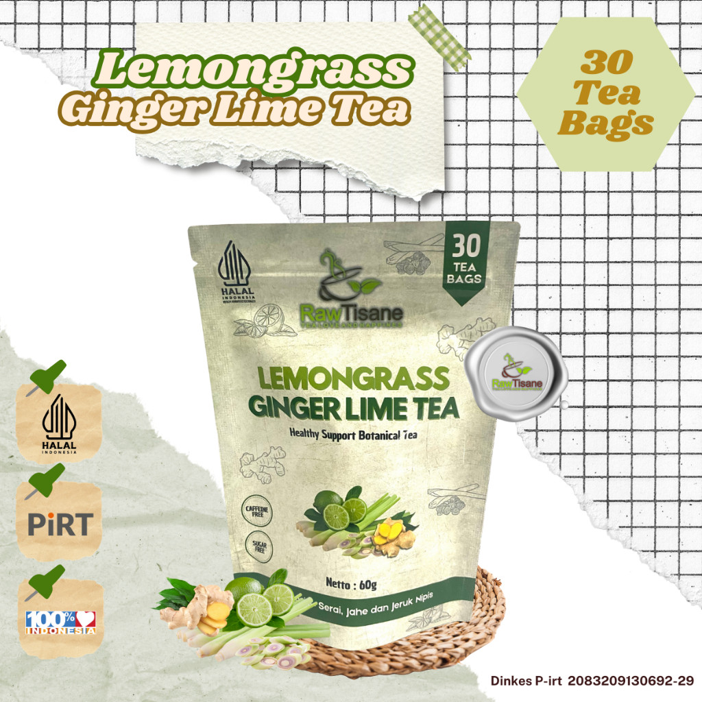 

RAW TISANE Lemongrass Ginger Lime Tea : Teh Celup Serai, Jahe & Jeruk Nipis Isi 30 Tea Bag