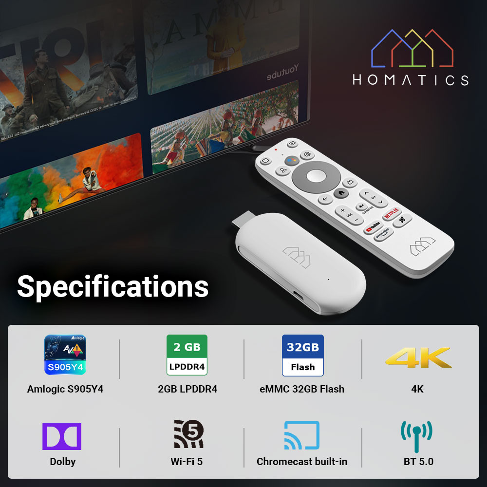 HOMATICS 4K TV Stick with Netflix Google Certified with 2GB LPDDR4 32G Storage Amlogic S905Y4 Suppor