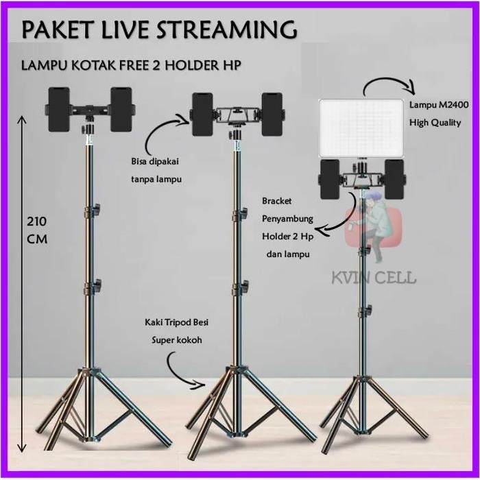 Paket Lampu Live Streaming MM240 Tripod 2,1 Meter Free 2 Holder Hp Kualitas Terbaik