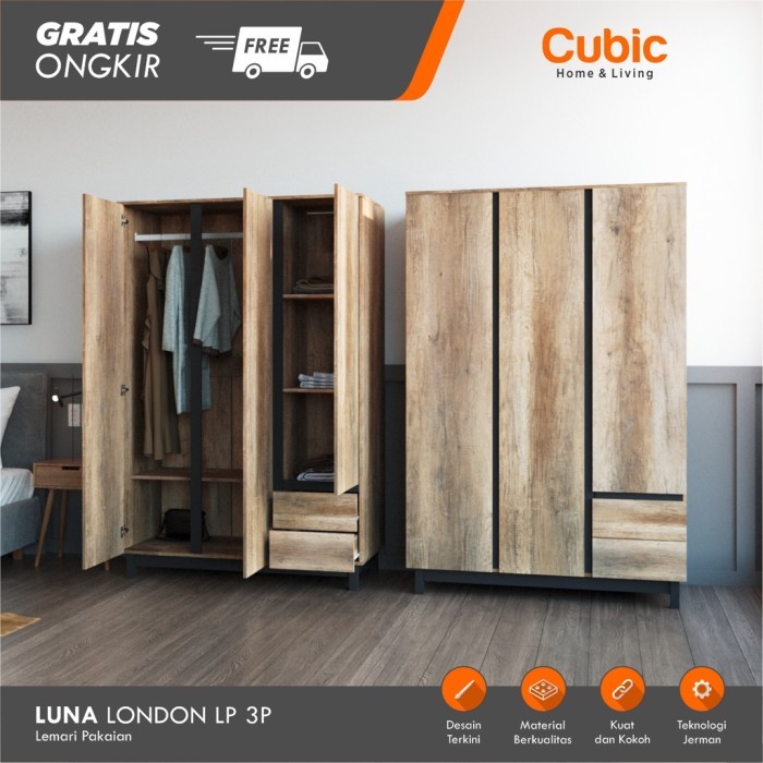 Cubic Lemari Pakaian 3 Pintu / Lemari Minimalis / LUNA LONDON LP 3P