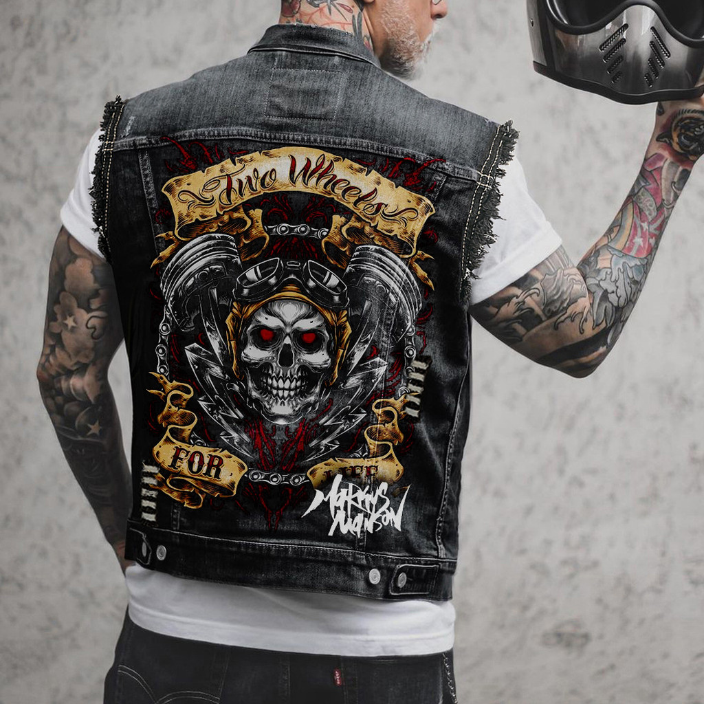 Men'S Skull Print Distressed Biker Vest Punk Rock Sleeveless Denim Jacket Black Streetwear Waistcoat