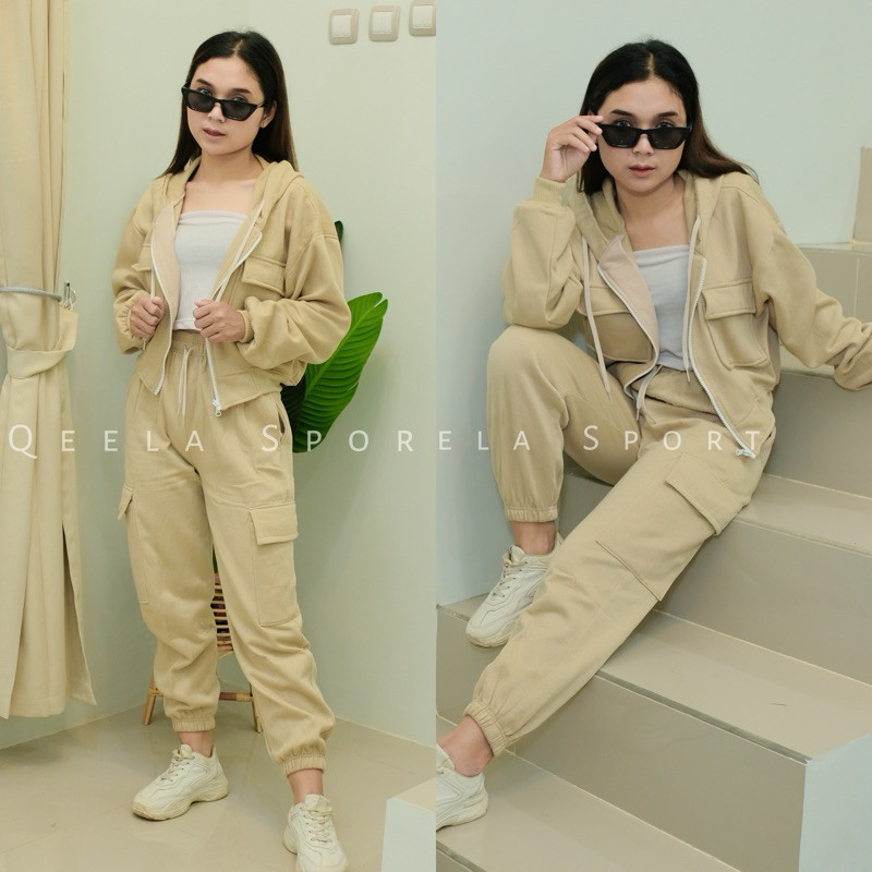 SUNS Setelan Crop One Set Wanita Hoodie Zipper X Jogger Cargo Sweatpants Oneset Ootd Korean Style