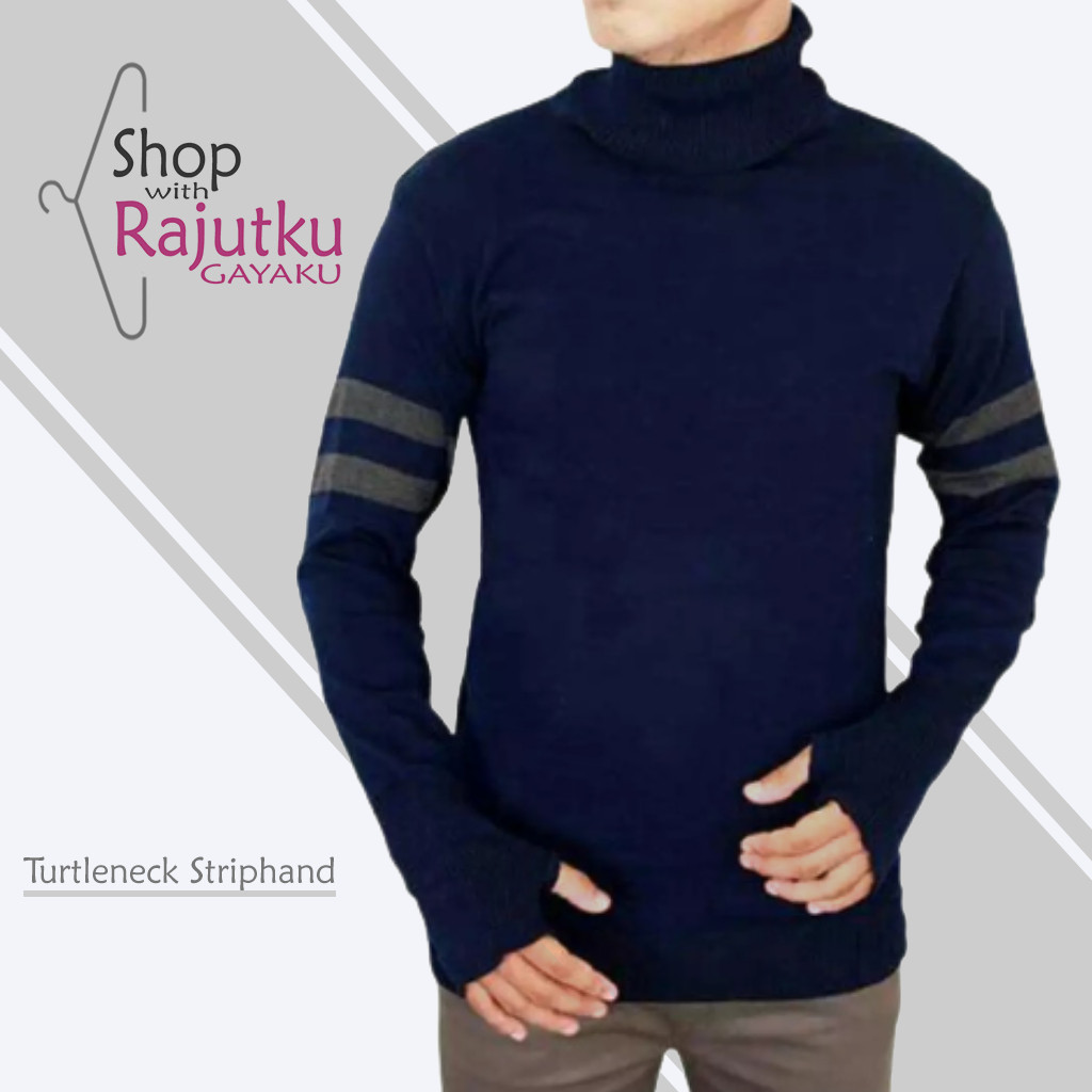 Sweater Rajut Pria Turtleneck Striphand Baju Kerah Tinggi Pria Dewasa Lengan Panjang Bahan Tebal
