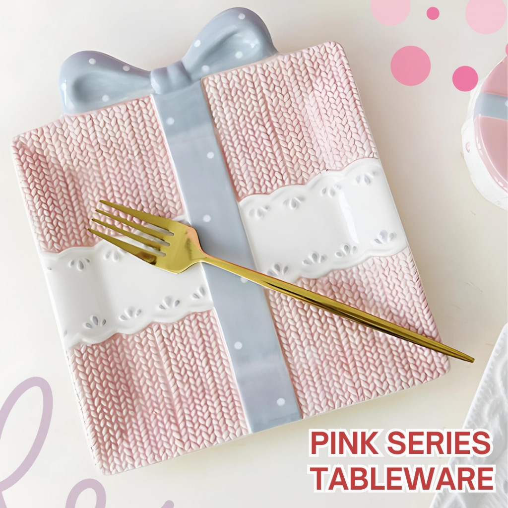 Set Tableware Warna Pink I Knit pink tableware I Piring Keramik I Piring motif rajut I Piring Korea