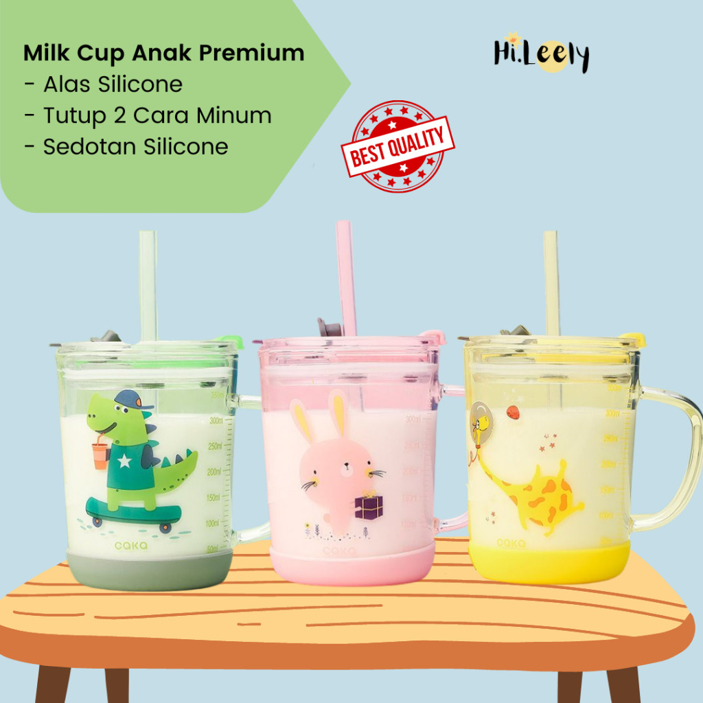 GELAS ANAK GELAS SUSU ANAK KACA ANTI TUMPAH DENGAN SEDOTAN + ALAS & SEDOTAN SILICONE