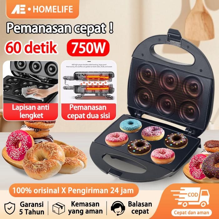 AE Cetakan Donat Bulat / Mini / Listrik 6 Lubang Pemanasan Dua Sisi Donat Electric Donut Maker