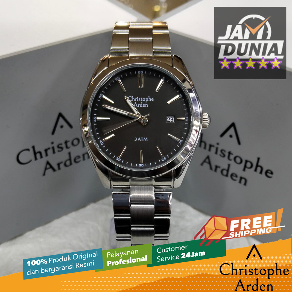 JAM TANGAN CHRISTOPHE ARDEN PRIA ORIGINAL SILVER BLACK STAINLESS STEEL STRAP CAF2001 CA F2001 JAM AN