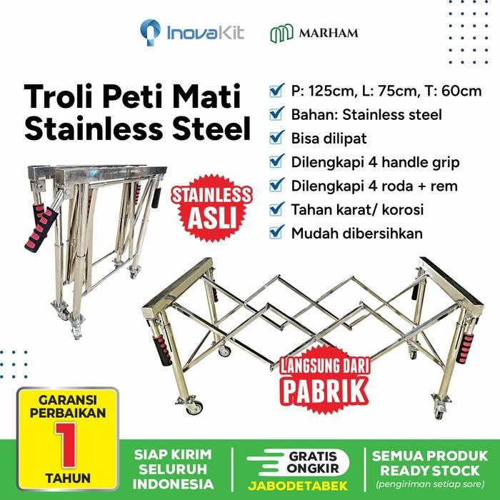 Troli peti jenazah stainless, Troly peti mati, Coffin Trolley