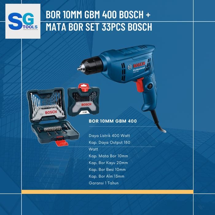 Bor Listrik Bosch 10Mm Gbm 400 + Mata Bor Set 33Pcs X-Line Set Bsoch