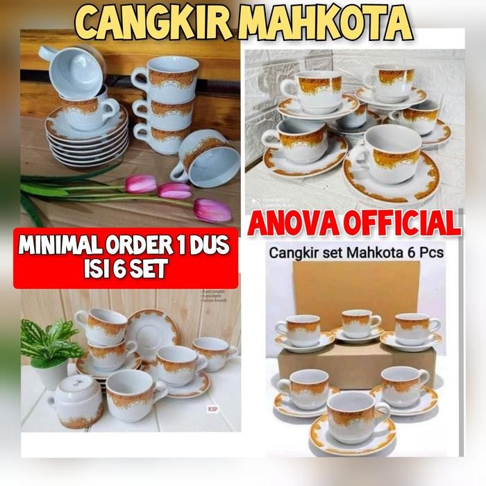 CANGKIR MAHKOTA . GELAS PLUS PIRING TATAKAN . KERAMIK . MERK LILIA .