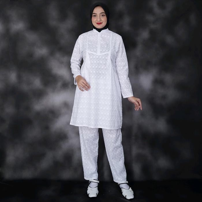 Baju Umroh Wanita Baju Ihram Wanita Setelan Tunik Putih Atasan Celana Katun Bordir Muslim Panjang