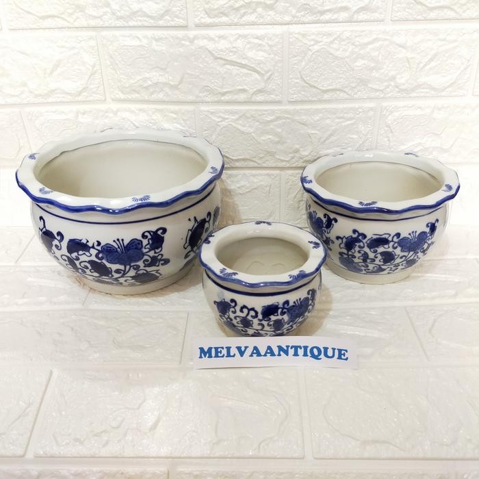 Pot Tanam Keramik Biru Putih Bulat