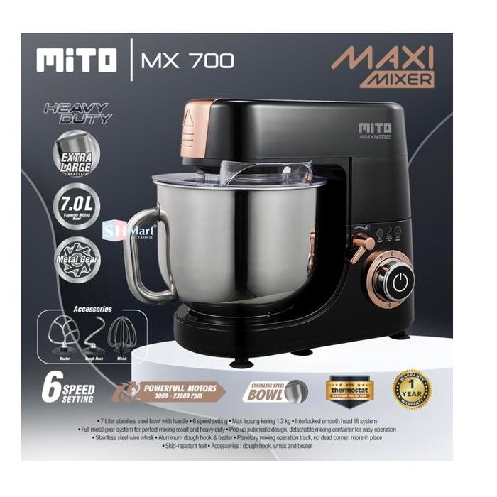 STAND MIXER MITO 7 LITER MX700 / MX-700 STAINLESS BOWL MIXER PENGADUK ADONAN GARANSI RESMI