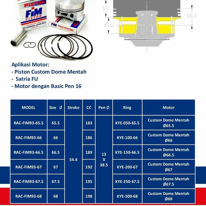 PISTON KIT FIM 93 SATRIA FU PIN 16 65 66 67 68 CUSTOM DOME