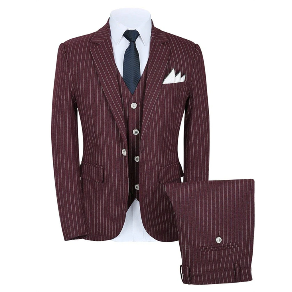 3-Piece Men'S Stripe Suit One Button Jacket Vest Pants Wedding Fashion Casual Boutique Business