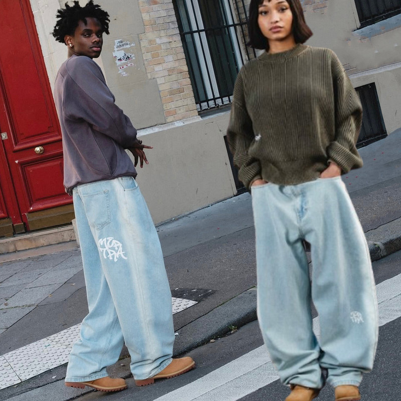 Brand Mertra Blue Denim Trousers Men Streetwear Loose Jeans Hip Hop Style Fashion Women Straight