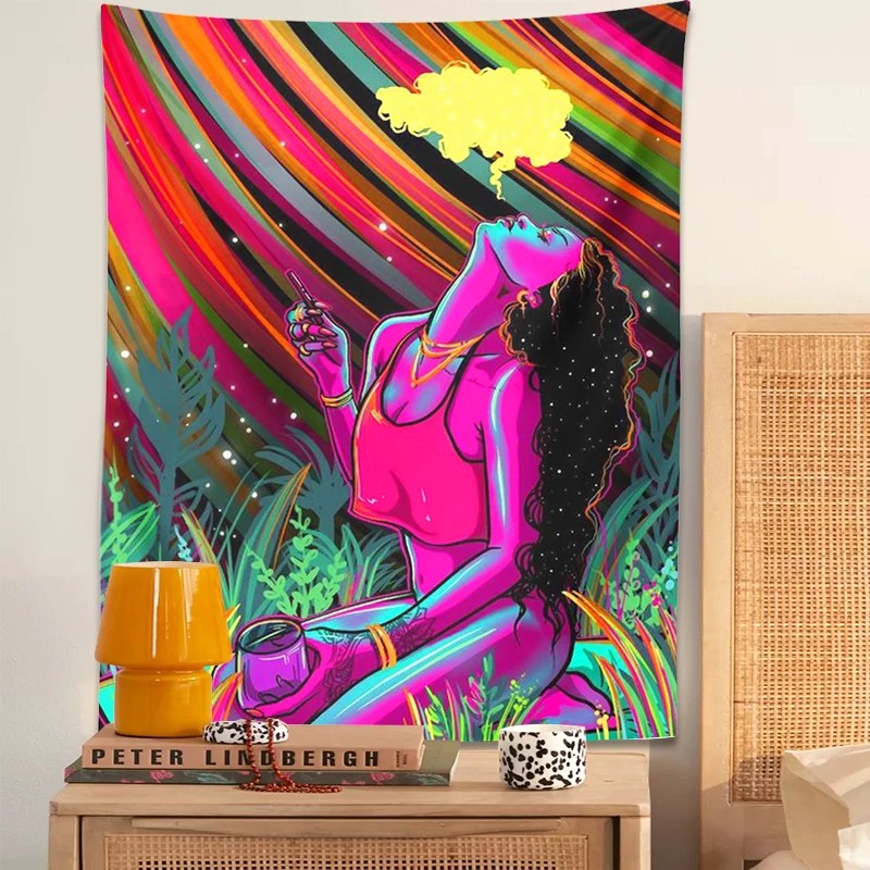 Trippy Tapestry Hippie Cool Girl Tapestry Wall Hanging Purple Art Anime Aesthetic Tapestry Bedroom