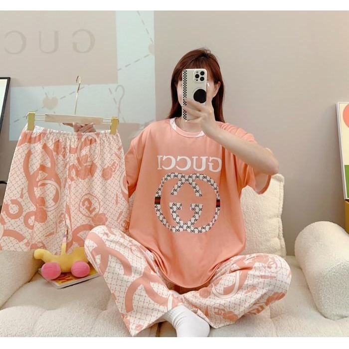 BAJU TIDUR SETELAN 3 IN 1 WANITA PIYAMA IMPORT BAHAN KAOS SPANDEKS