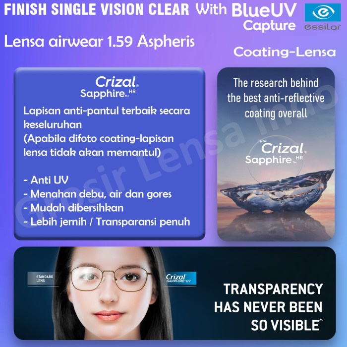 Lensa Essilor Fsv Super Blue Uv Capture Crizal Sapphire