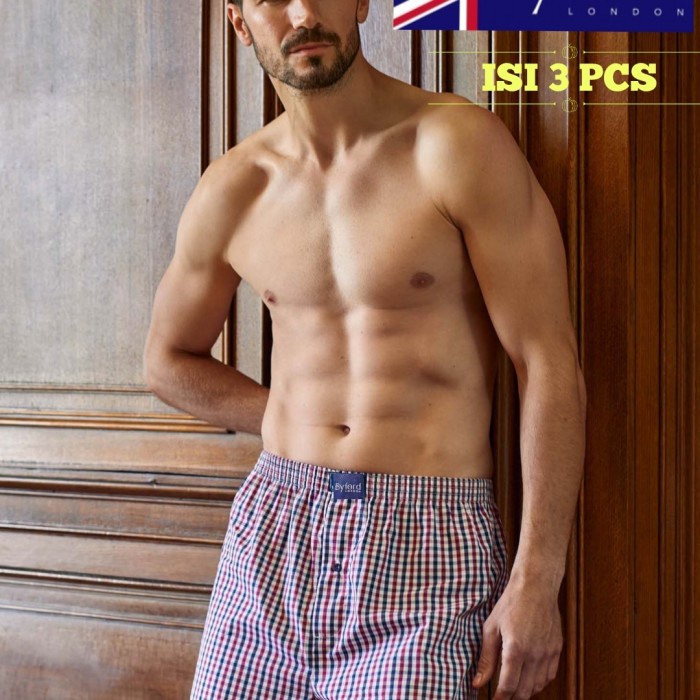 BYFORD Celana kolor pendek pria woven tidur boxer kotak santai dalam
