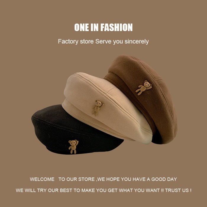 BH-07 topi beret baret bear charm beruang lucu retro korea