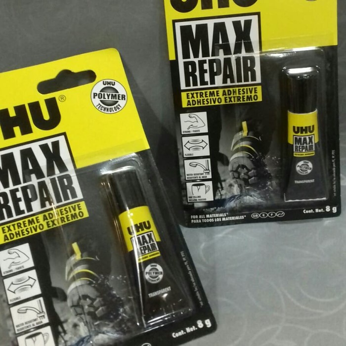 

UHU MAX REPAIR. FOR DAILY USE. SEMUA MATERIAL. LEM SERBAGUNA