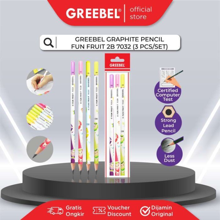 

OBRAL GREEBEL Pensil Pencil Kayu Karakter/Grafit/Graphite 2B 7032 FUN FRUITE tdk beracun utk ujian