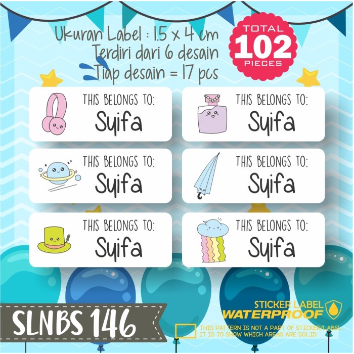 

KOMPLIT stiker label nama anak pensil buku tas sepatu sekolah SLNBS-146