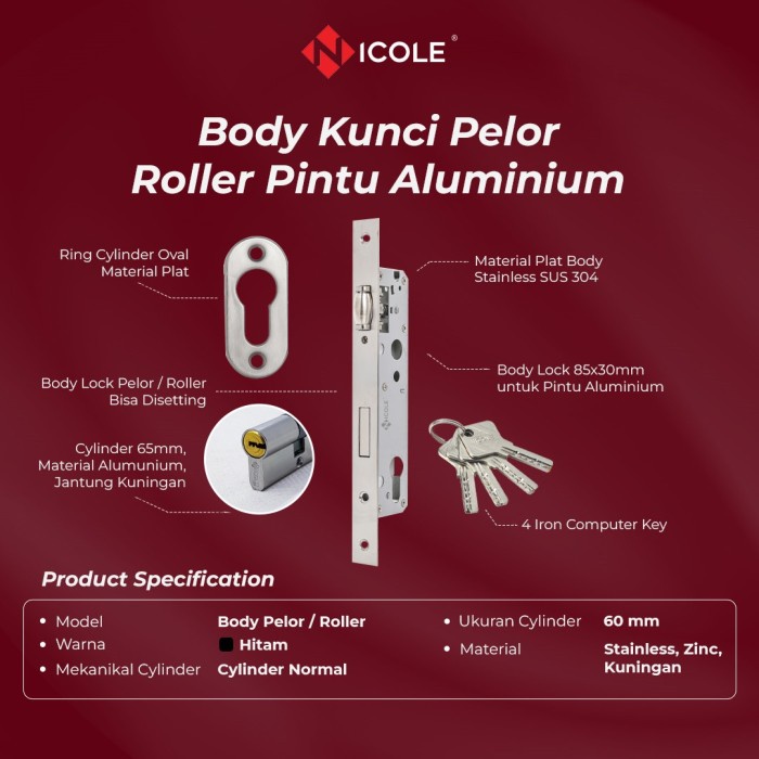 Nicole Kunci Pelor Pintu Aluminium Body Pelor Pintu Aluminium Body Roller Pintu Almunium