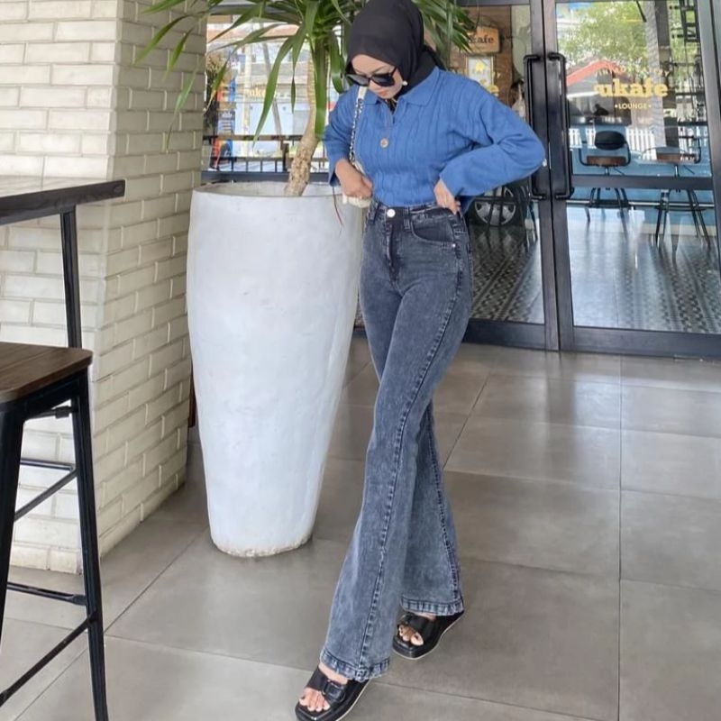 NEW DEALS HW Celana Cutbray Jeans Panjang Wanita Highwaist Premium snow black medium