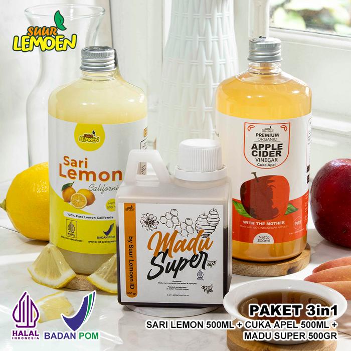 

SUUR LEMOEN BPOM Paket Cuka Apel 500 ml Sari Lemon 500 ml Madu Hutan 500 gr